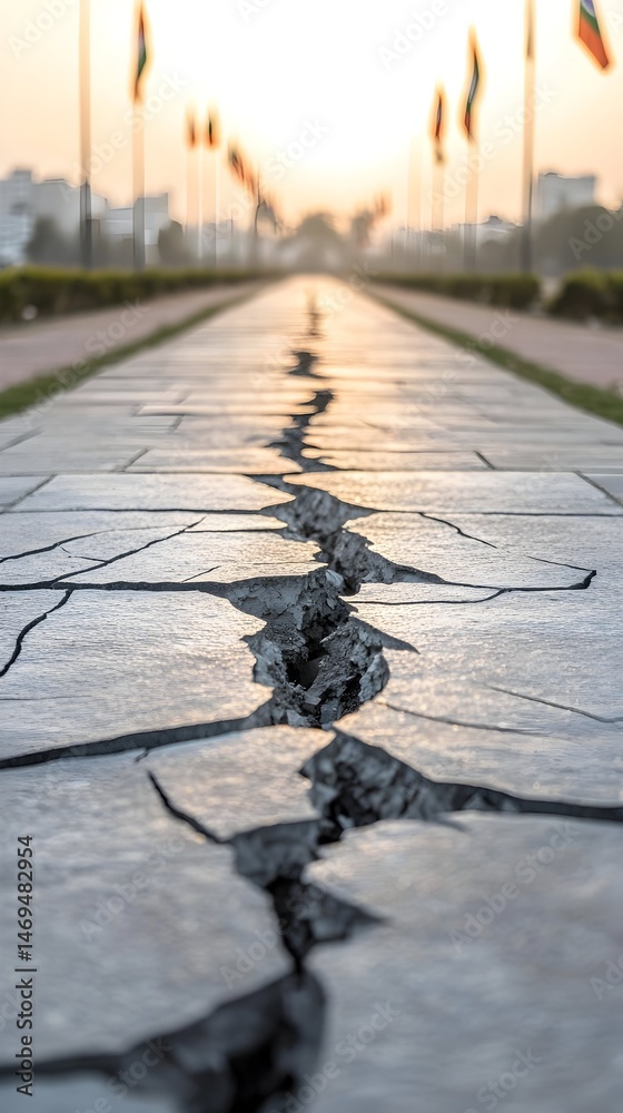 Fototapeta premium A long, cracked pathway leads towards a blurred horizon with flags fluttering in the golden light of the setting sun