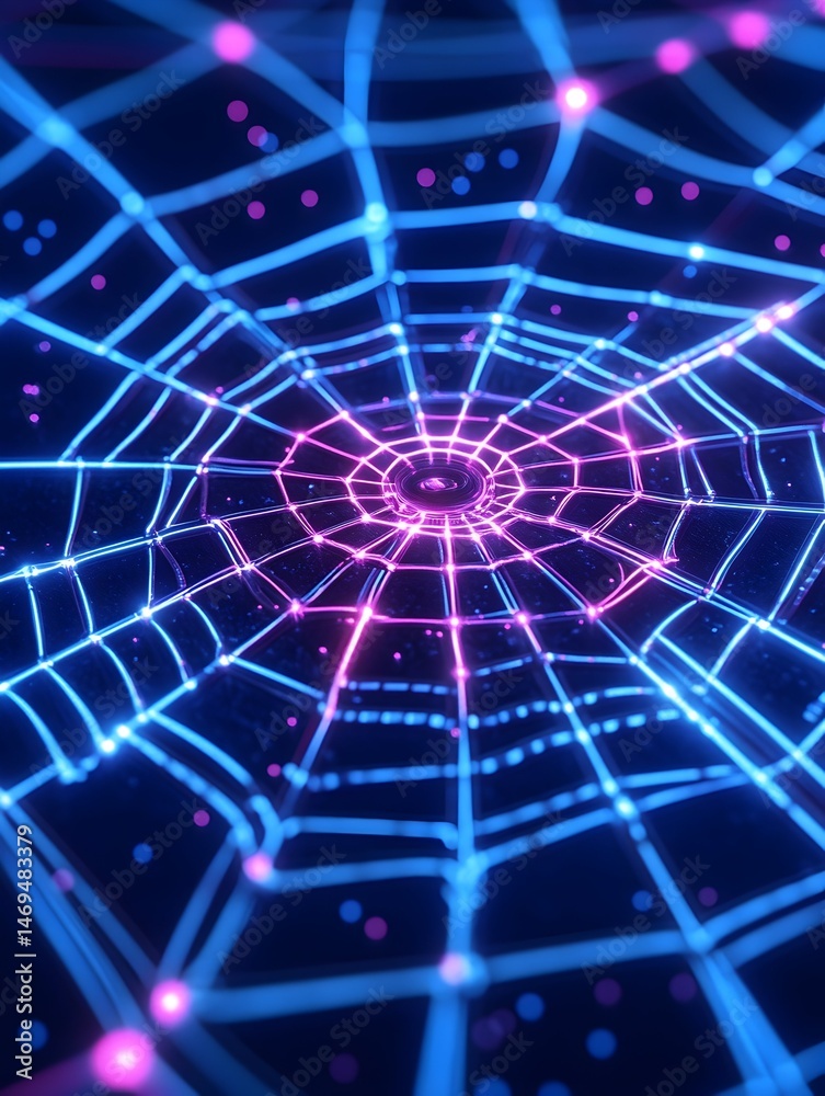 Obraz premium A mesmerizing, digital spiderweb, glowing with neon blue and pink lights, against a dark, pixelated background