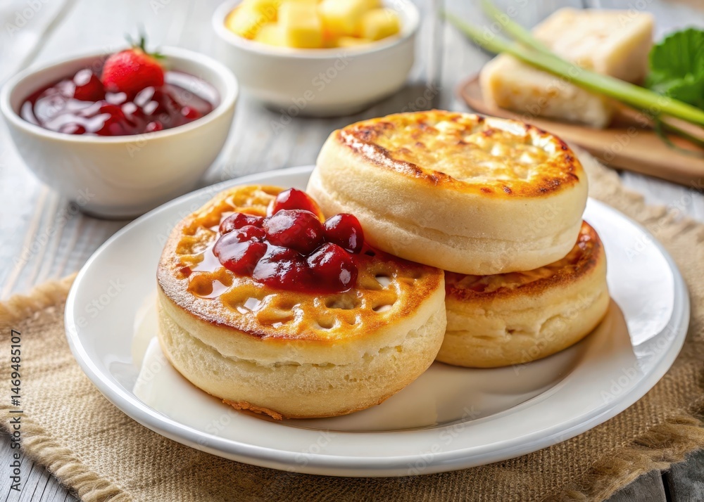 Soft and fluffy crumpets with a generous pat of golden butter on top Soft and fluffy crumpets with a generous pat of golden butter on top