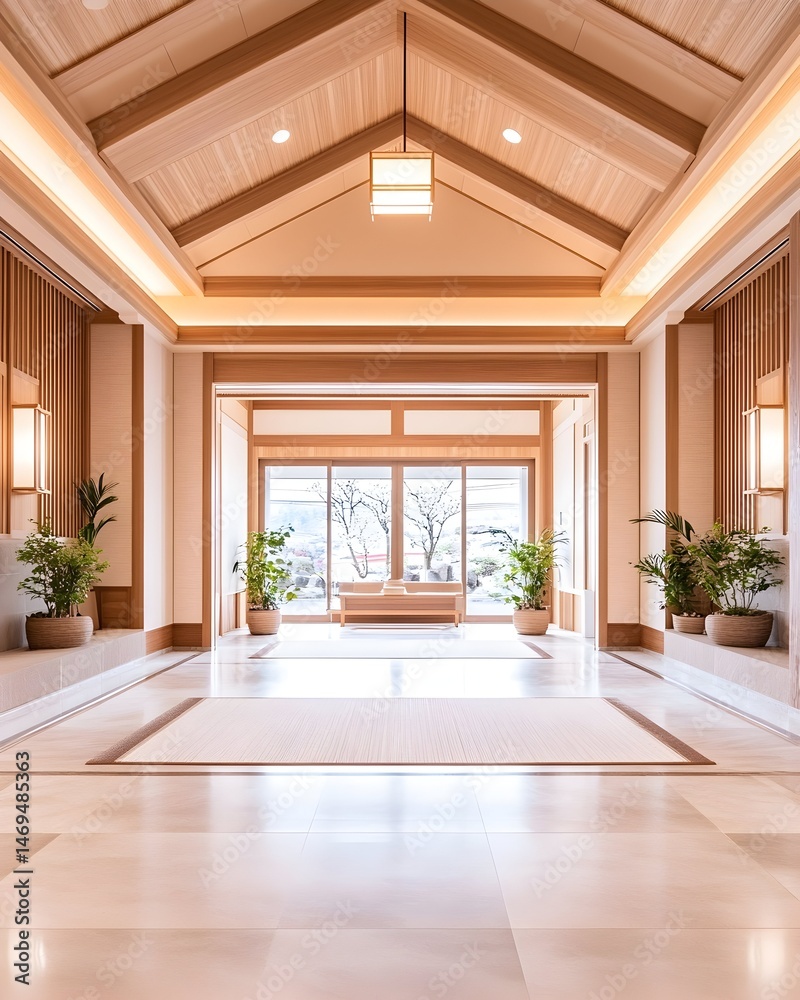 Fototapeta premium A spacious, well-lit lobby with a vaulted ceiling and large windows overlooking a serene outdoor scene