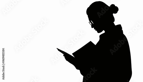 Silhouette of a woman reading a book against white background, knowledge