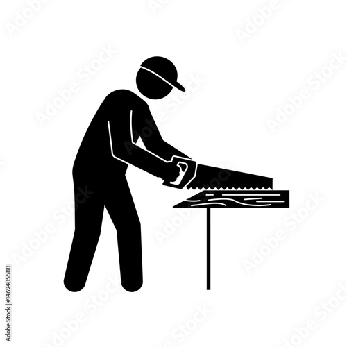 Craftsman at Work: A silhouette of a diligent craftsman sawing through a wooden plank, representing craftsmanship and dedication in the simplest, most direct visual form.