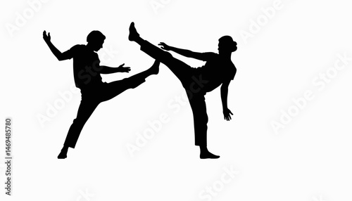 Athletes executing high kicks in silhouette, dynamic movement