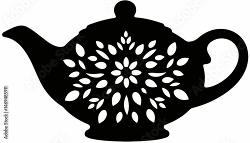 Elegant teapot silhouette with floral patterns on white background, artistry