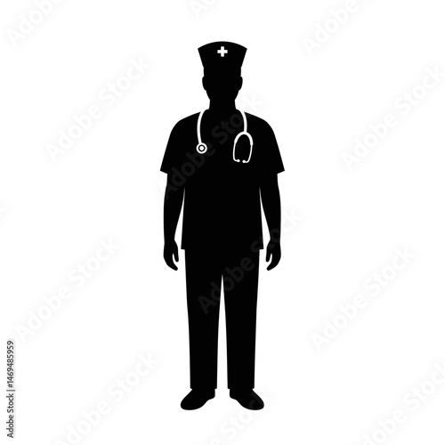 Silhouette of Care: A stark silhouette of a healthcare professional stands tall, representing compassion and dedication in the medical field, with a stethoscope hanging around the neck. 