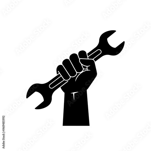 Wrench in Hand: A powerful clenched fist grips a large wrench, symbolizing strength, power, and the ability to fix or create.
