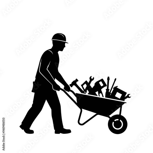 Construction Worker with Tools: A black and white silhouette image of a construction worker pushing a wheelbarrow filled with construction tools. The image symbolizes hard work, dedication.