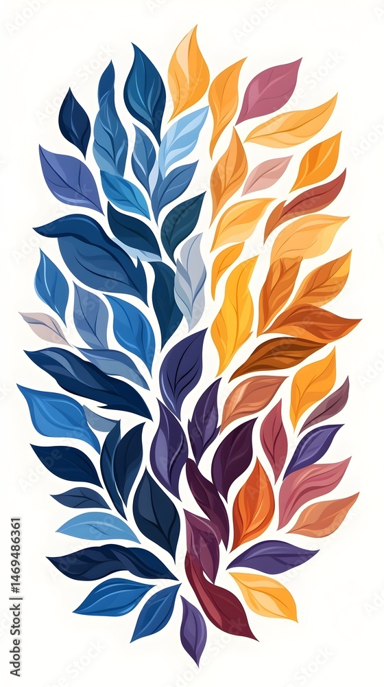 Fototapeta premium A vibrant abstract design featuring two halves of foliage, one in cool blue and purple hues and the other in warm orange and red hues, creating a striking visual contrast