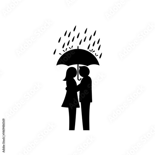 Rainy Day Embrace: Silhouette of a loving couple sheltering under an umbrella from the falling rain, capturing a tender moment of protection and togetherness.