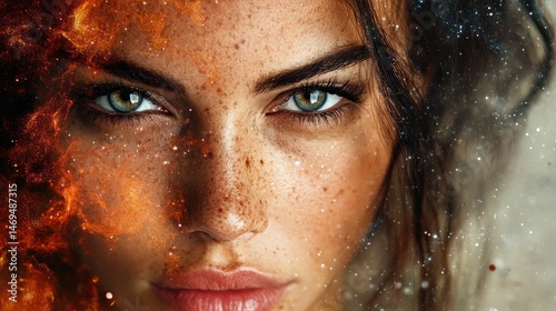 Womanâ€™s face seamlessly merging with a galaxy, nebula eyes, infinite cosmic wonder.