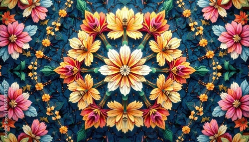 Intricate floral pattern within a geometric hexagon , abstract, print, geometric