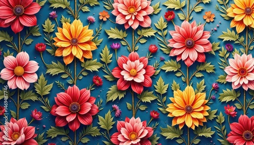 Intricate floral textile design, repeating motif, wallpaper, spring