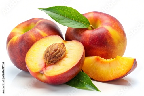 ripe peach fruit with leaves