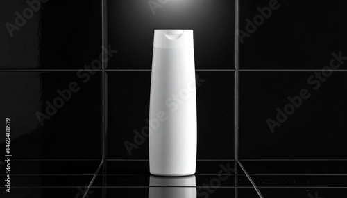 White shampoo bottle with flip cap on dark tile