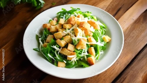 Preparing Delicious Green Salad with Croutons and Dressing