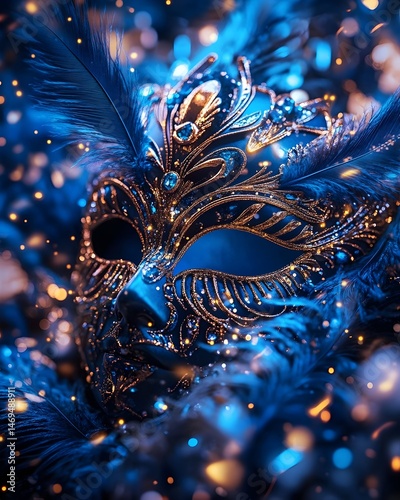 An ornate, blue and gold masquerade mask, adorned with feathers and sparkling embellishments, rests amidst a bokeh of blue lights