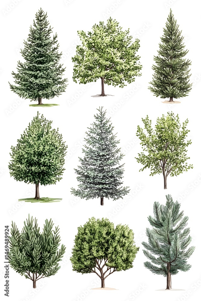 Nine watercolor illustrations of various trees on a white background Nine watercolor illustrations of various trees on a white background