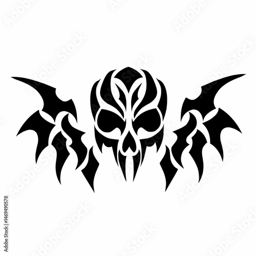 Tribal Winged Skull Tattoo Design in Black and White Vector Style