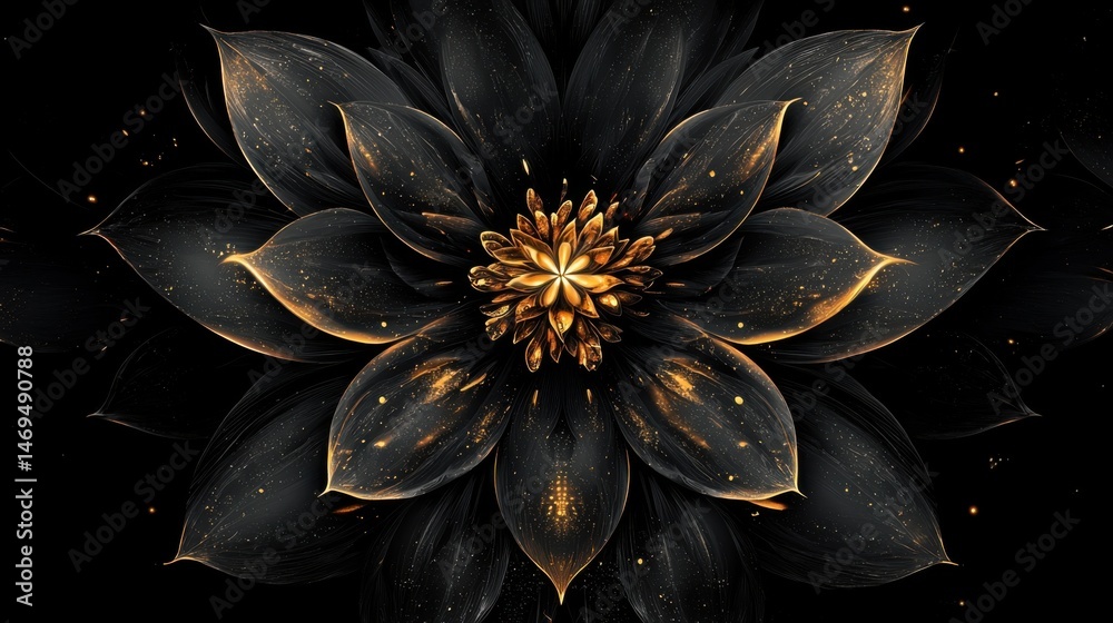 A striking black flower with luxurious golden petals and a vibrant center creates an exquisite visual contrast. This artistic arrangement showcases intricate details on a dark backdrop