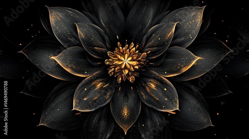 Obraz na płótnie A striking black flower with luxurious golden petals and a vibrant center creates an exquisite visual contrast. This artistic arrangement showcases intricate details on a dark backdrop w salonie