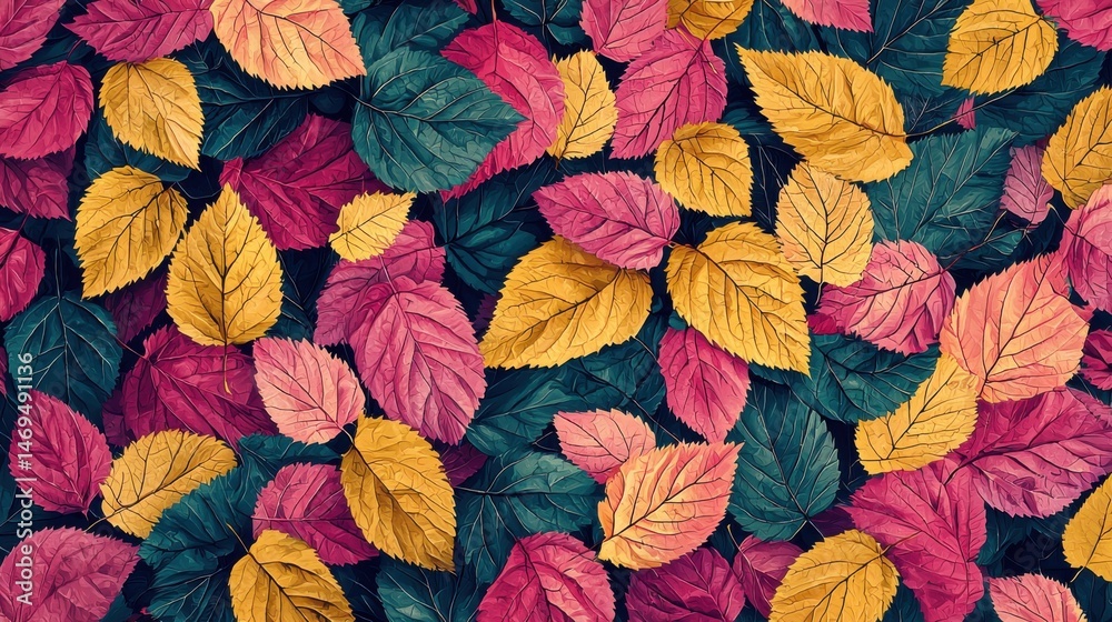 A vibrant assortment of autumn leaves in shades of red, yellow, and orange covers the forest floor. The leaves showcase the beauty of seasonal change amidst a backdrop of greenery