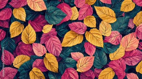 Obraz na płótnie A vibrant assortment of autumn leaves in shades of red, yellow, and orange covers the forest floor. The leaves showcase the beauty of seasonal change amidst a backdrop of greenery w salonie