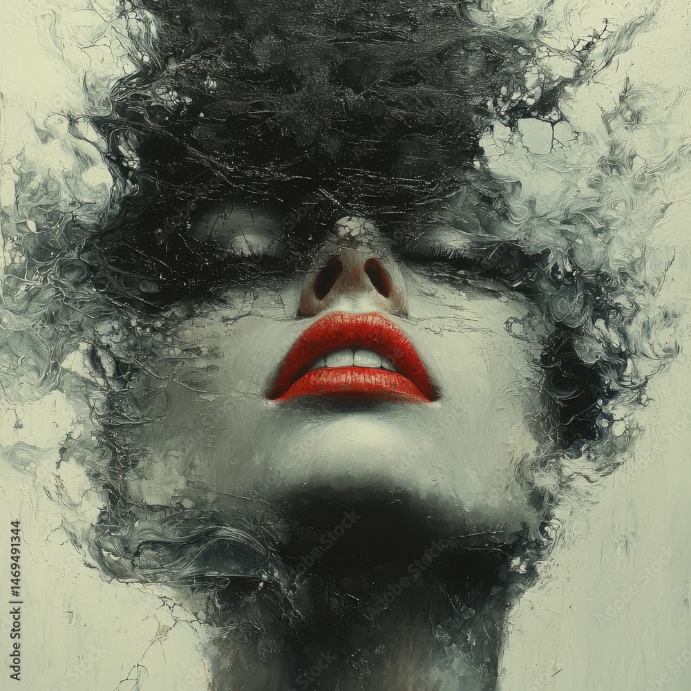 A surreal representation of a woman, her face partially submerged in swirling water. Her striking red lips contrast with the dark tones surrounding her, evoking a sense of mystery and tranquility