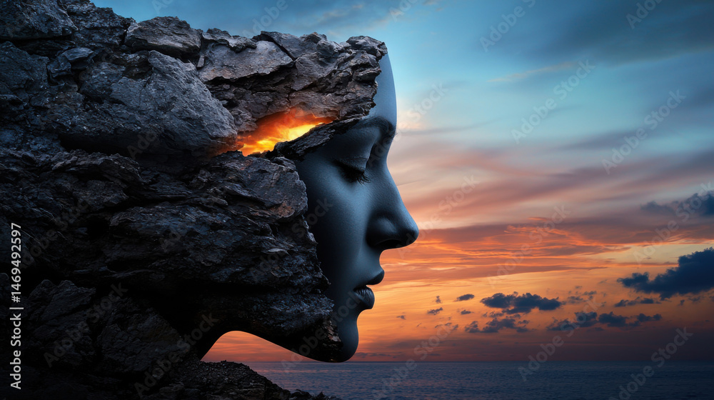 A striking rock formation takes the shape of a human face along the coastline at sunset. The warm glow from within the rock contrasts beautifully with the cool colors of the sky