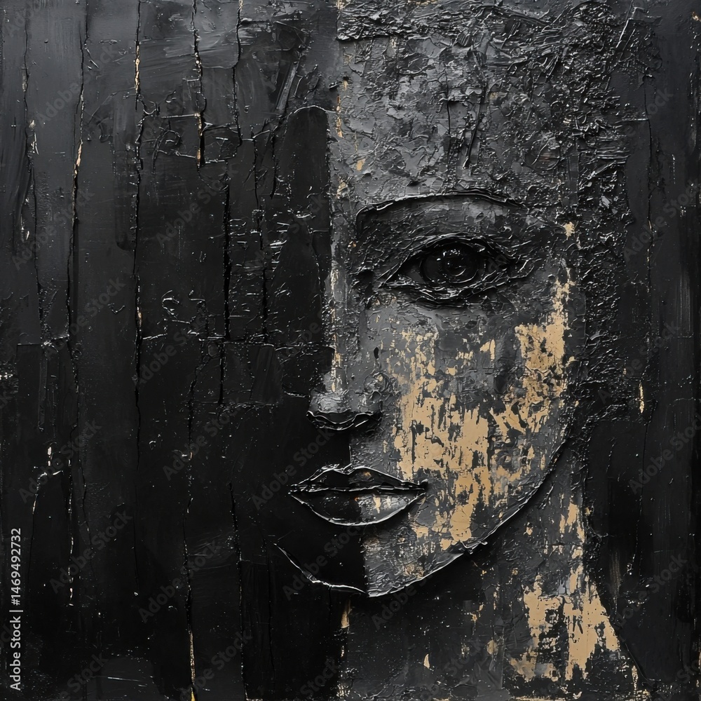 A textured artwork showcases a woman's face, with one side painted black and the other in eclectic tones. The piece blends emotions and abstract elements, inviting deep contemplation