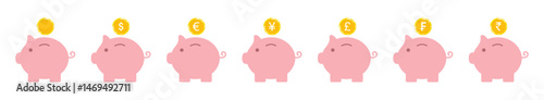 Illustration of piggy banks with coins showing symbols of major currencies Dollar, Euro, Yen, Pound, Franc, and Rupee, representing global savings and financial investment themes.