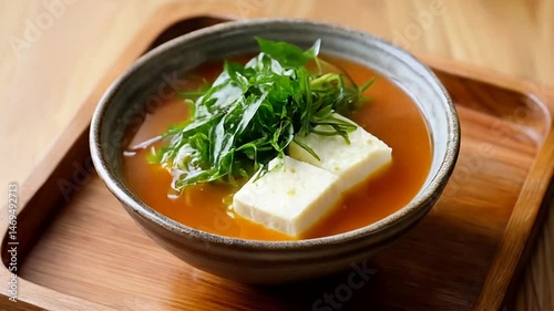 Serving Vegetable Soup with Tofu in Bowl on Wooden Tray
