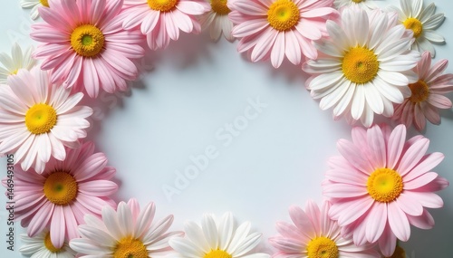 Subtle daisy chain forming a square frame, pastel tones , soft, blue, daisy