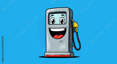 Cheerful cartoon gas pump character with a big smile on blue background illustration