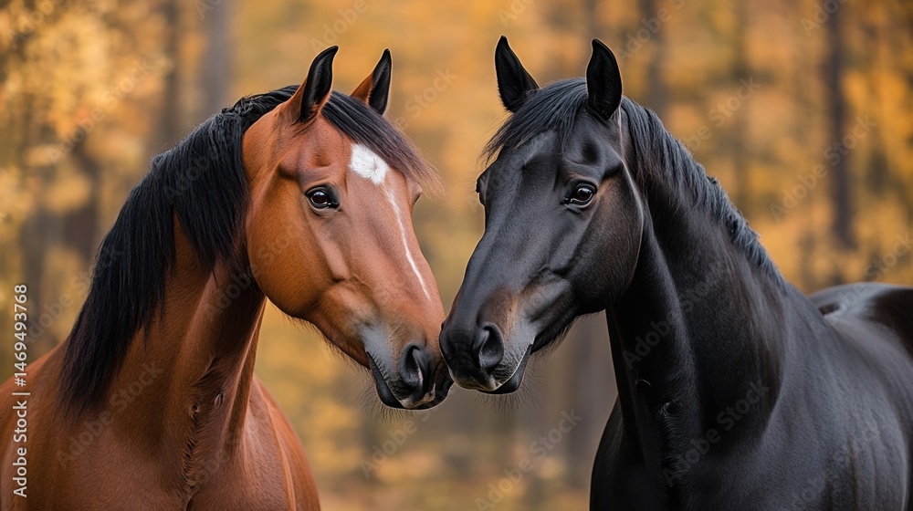 Obraz premium Two horses standing next to each other in the woods animal background