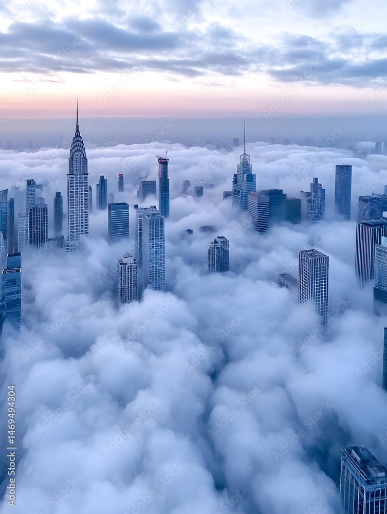 Obraz premium A city skyline emerges from a thick layer of fog, with skyscrapers piercing through the clouds