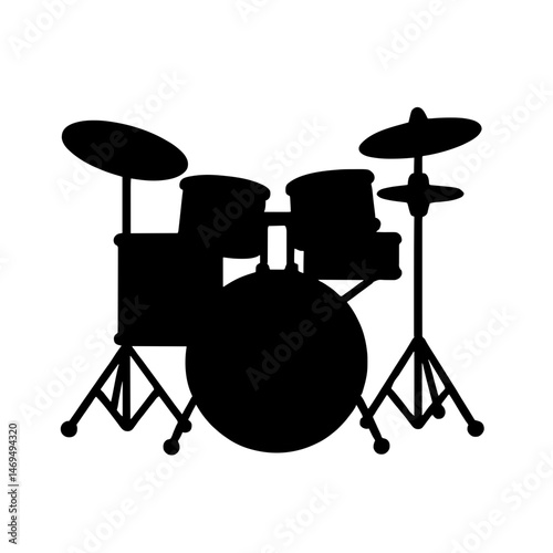 Minimalist black silhouette of a drum set on a clean white background