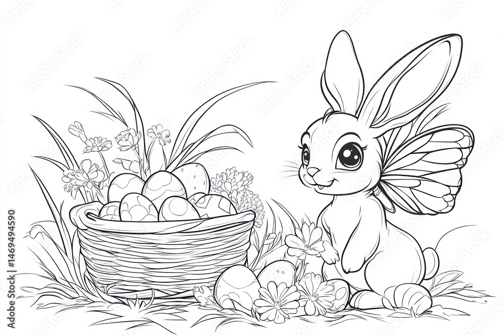 Cute bunny with butterfly wings, Easter basket full of eggs.  Spring scene, detailed line art for coloring
