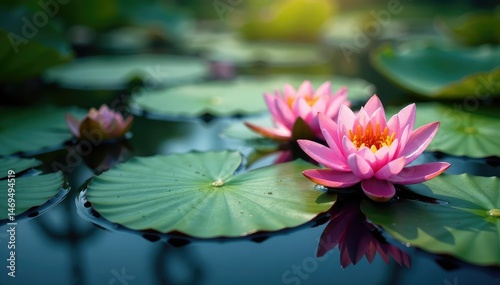 Water lilies create floral pattern on lake surface, soft light, photography, tranquil, peaceful