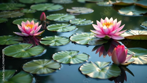 Water lilies create a vibrant floral pattern across a still lake, water lilies, design element