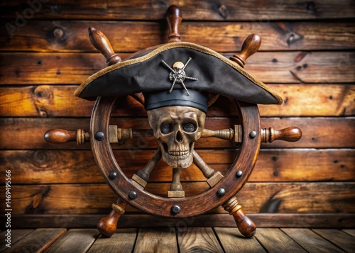 Obraz na płótnie Dark pirate hat with skull and crossbones on a wooden ship's wheel w salonie