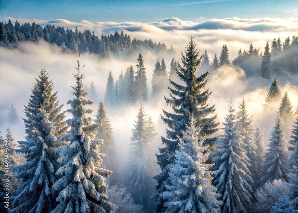 Frozen coniferous trees surrounded by a thick layer of fog