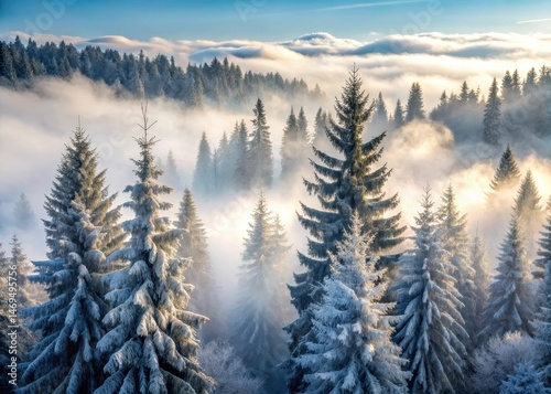Obraz na płótnie Frozen coniferous trees surrounded by a thick layer of fog w salonie
