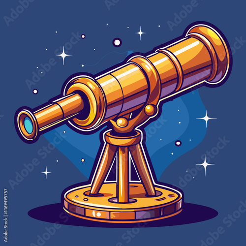 An old-fashioned nautical telescope pointing skyward, vector style on a dark blue background
