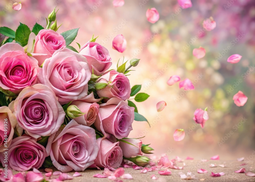 Floral Wallpapers with Pink Roses and Petals in Background