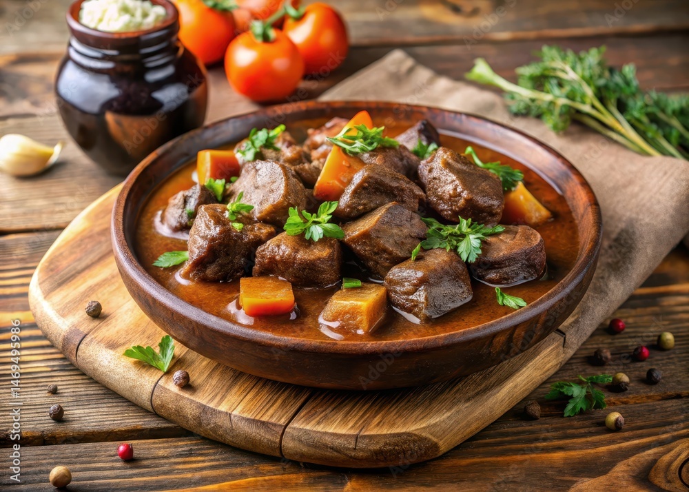 Braised beef in red wine sauce on a rustic wooden plate