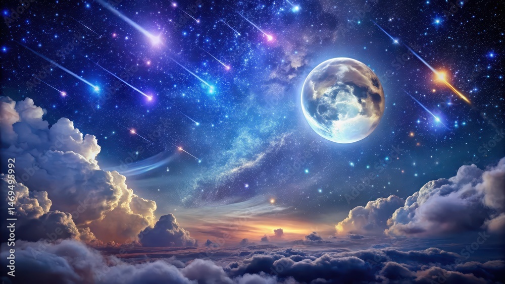 Darkened sky with vibrant full moon glowing through clouds