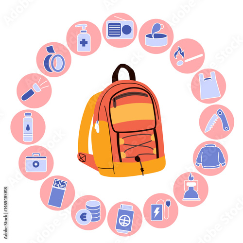 Cartoon illustration of a sports bag packed with a 72-hour survival kit. Vector drawing concept representing emergency preparedness and safety planning