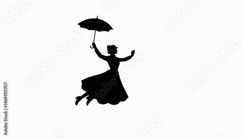 Mary Poppins silhouette flying with umbrella, whimsical imagination