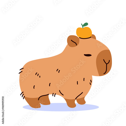 Cartoon illustration of a capybara with a tangerine on its head. Vector drawing of a cute and quirky animal symbolizing calm, balance and adorable animal humor
