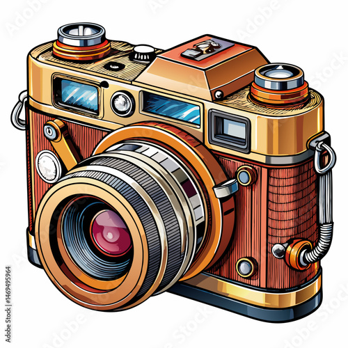 A retro film camera with manual lens and leather grip, detailed vector illustration isolated on white